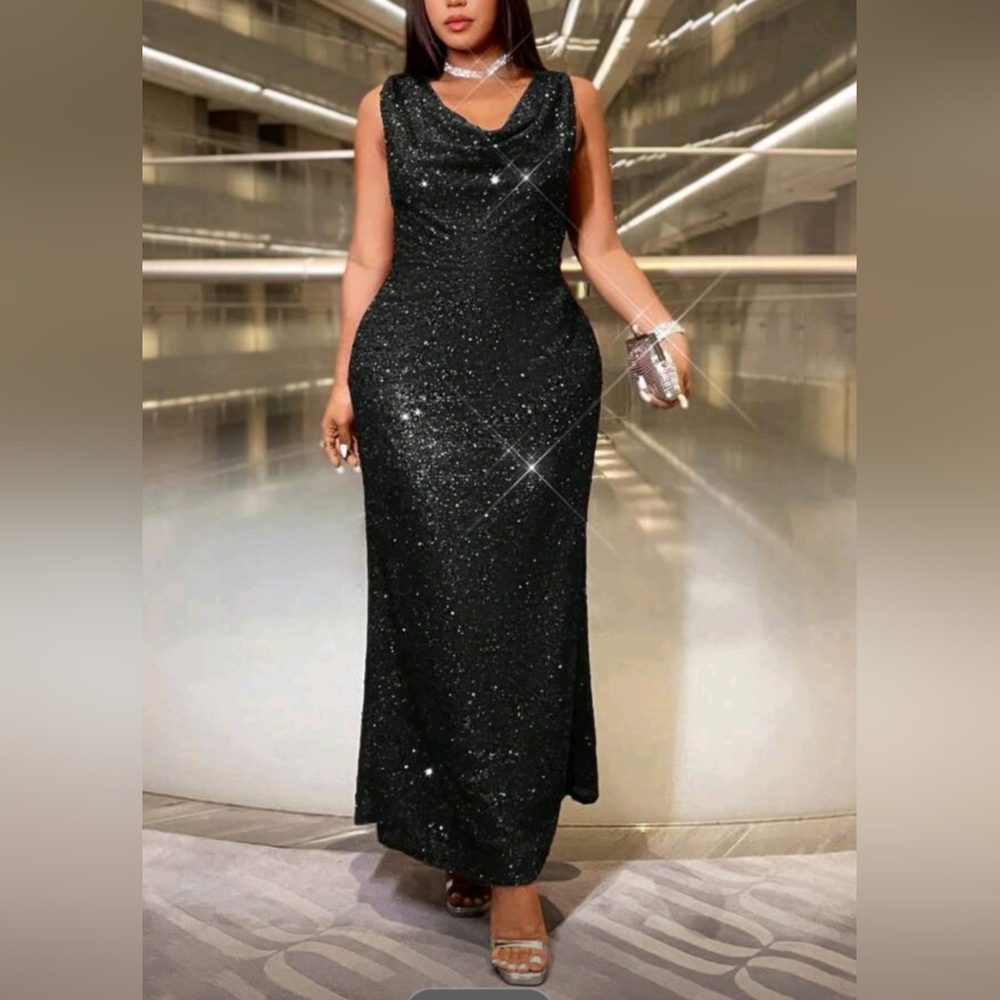 SHEIN Black Sparkle Cowl Neck Maxi Dress